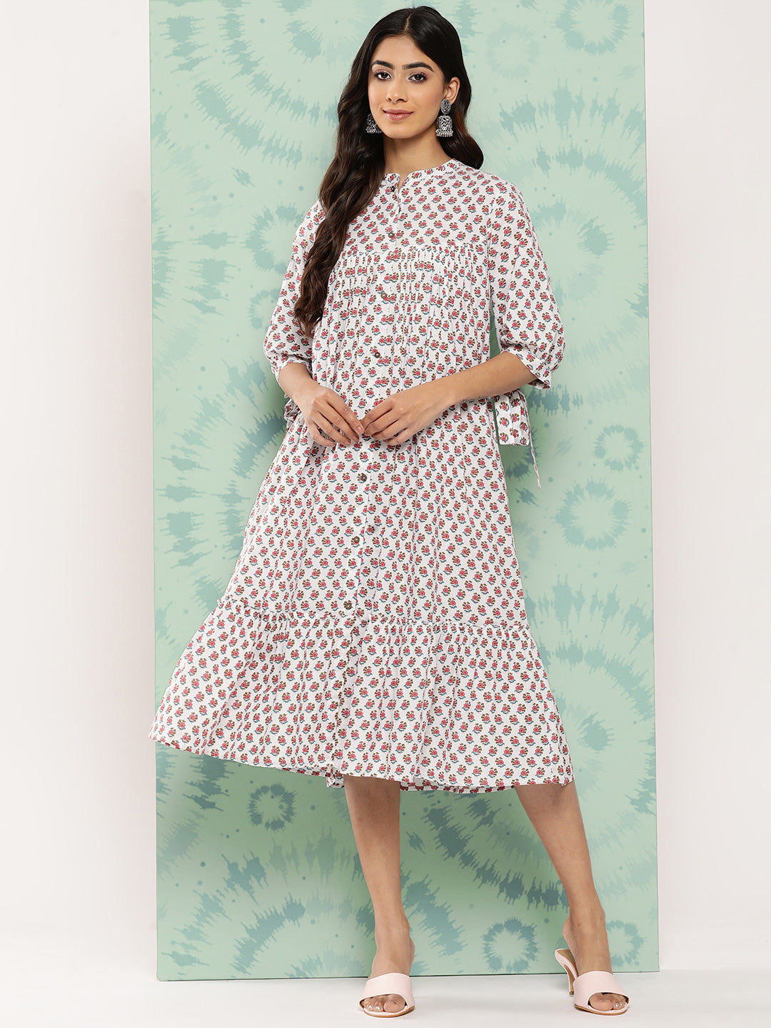 Janasya Women's White Cotton Floral Printed Gathered Casual Dress
