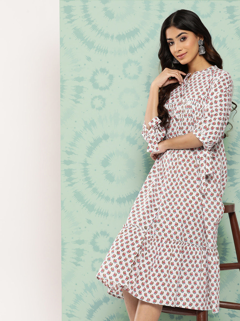 Janasya Women's White Cotton Floral Printed Gathered Casual Dress