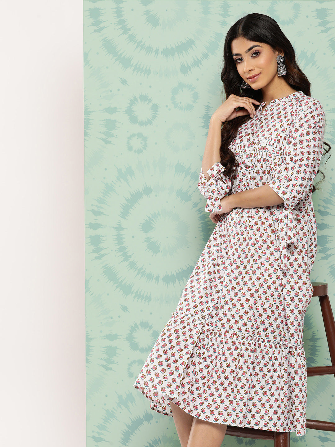 Janasya Women's White Cotton Floral Printed Gathered Casual Dress