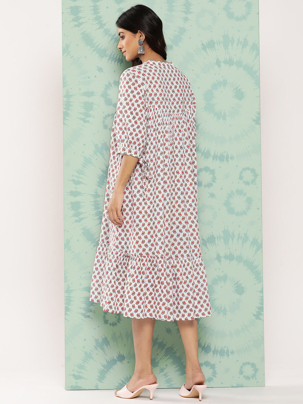 Janasya Women's White Cotton Floral Printed Gathered Casual Dress