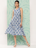 Janasya Women's Grey Crepe Ikat Printed A Line Casual Dress