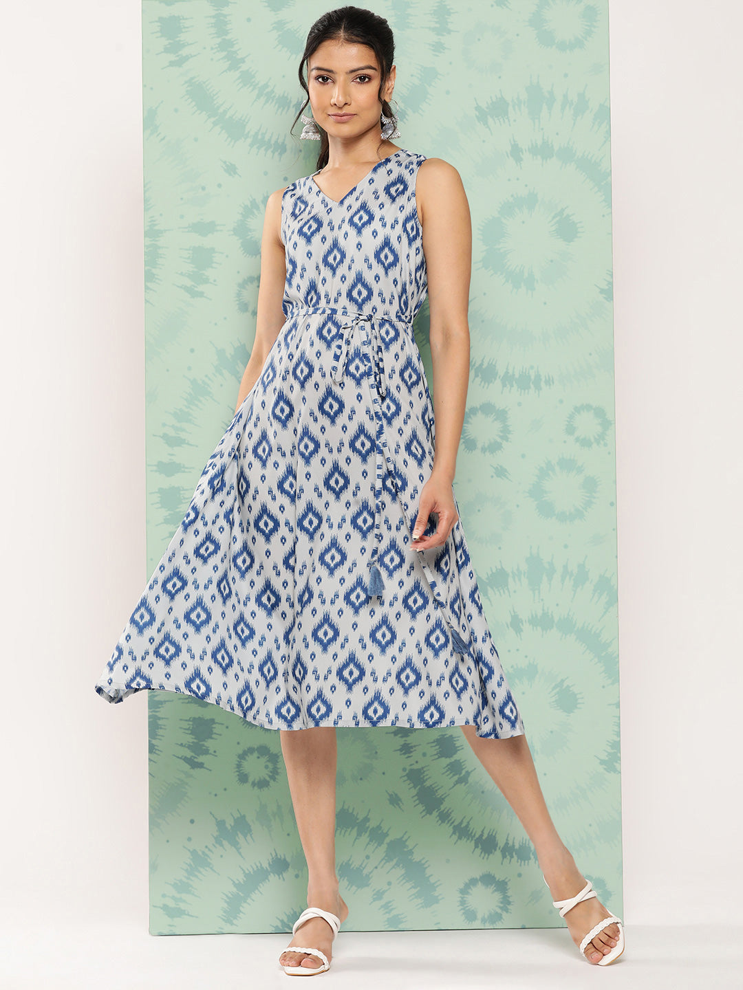 Janasya Women's Grey Crepe Ikat Printed A Line Casual Dress