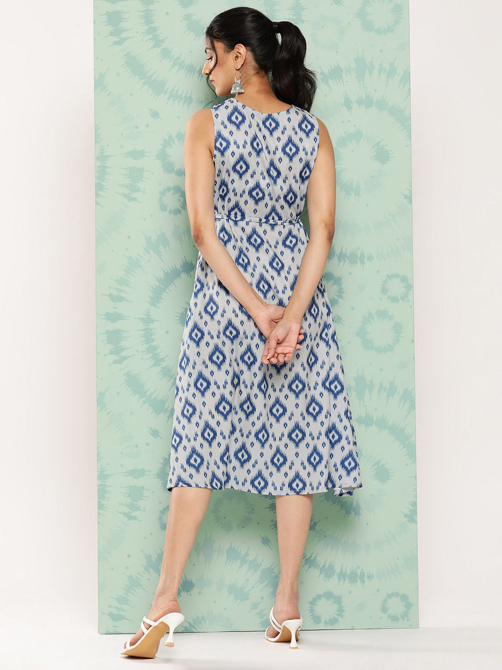 Janasya Women's Grey Crepe Ikat Printed A Line Casual Dress