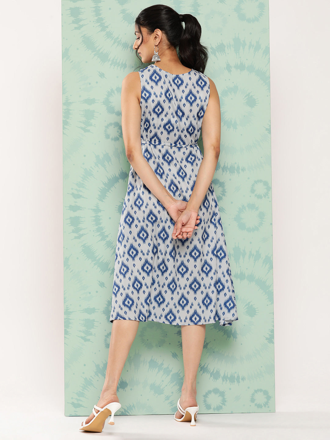 Janasya Women's Grey Crepe Ikat Printed A Line Casual Dress