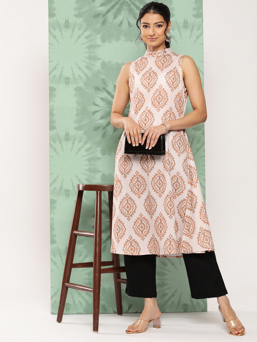 Janasya Women's Light Peach Crepe Digital Printed Casual A-Line Kurta