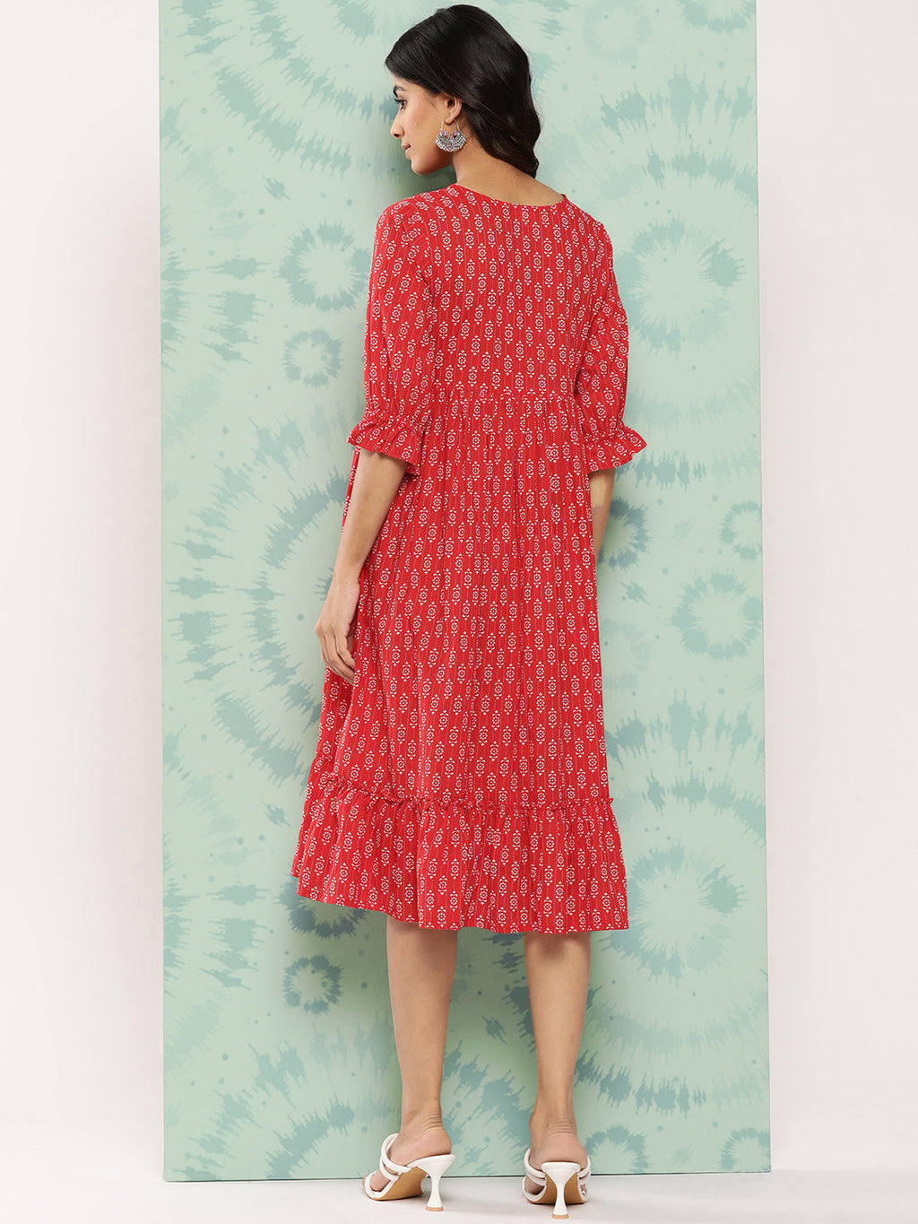 Janasya Women's Red Cotton Ethnic Motifs Printed Flared Casual Dress
