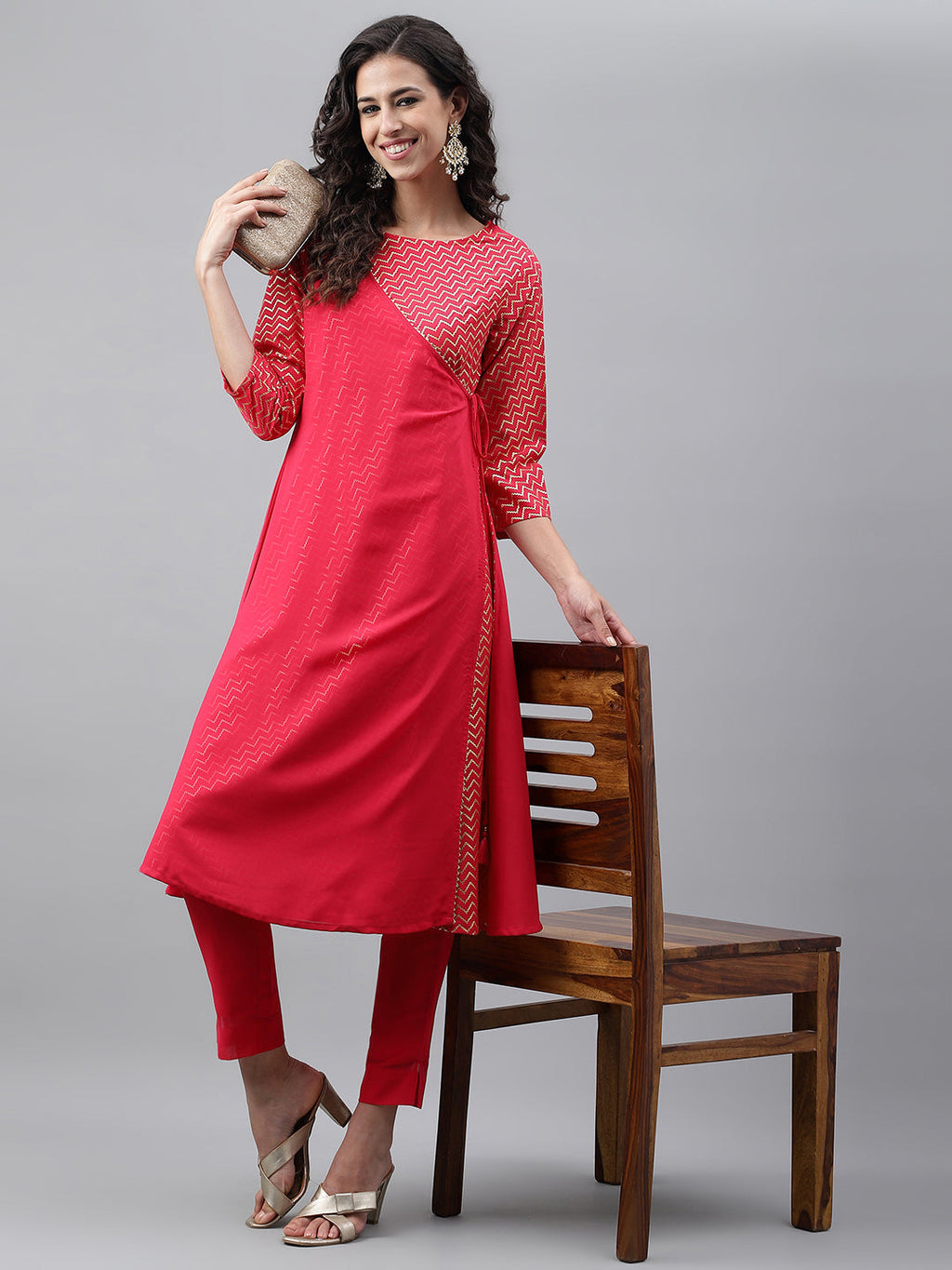 Janasya Women's Pink Crepe Foil Printed Festive Angrakha Kurta