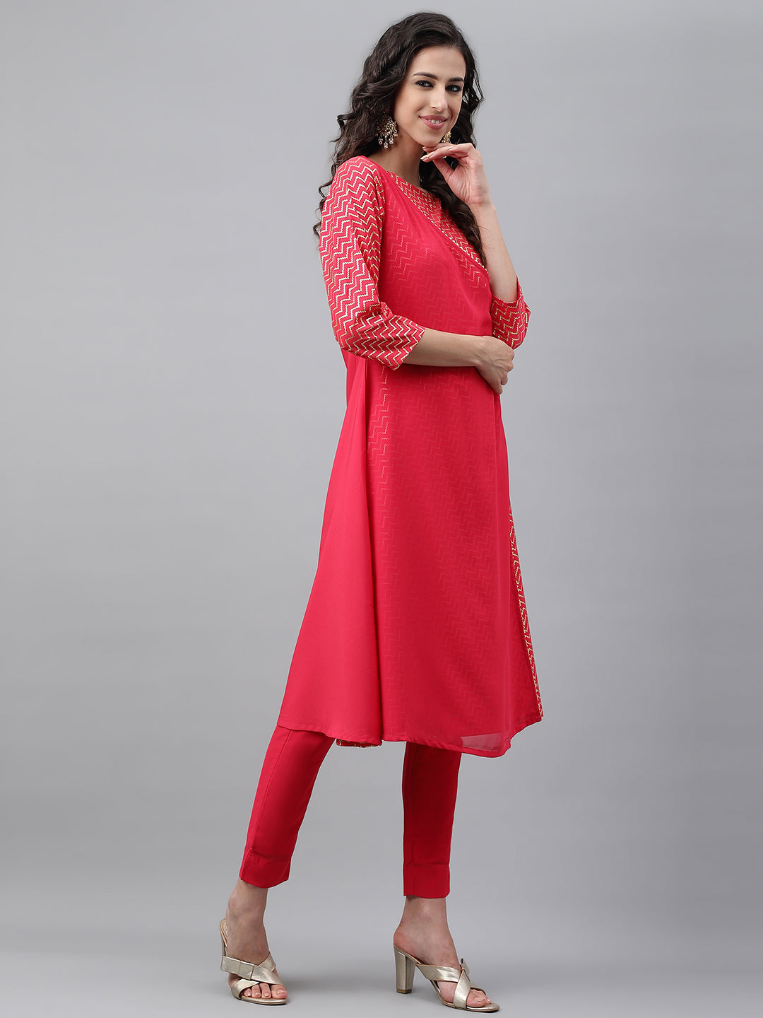 Janasya Women's Pink Crepe Foil Printed Festive Angrakha Kurta