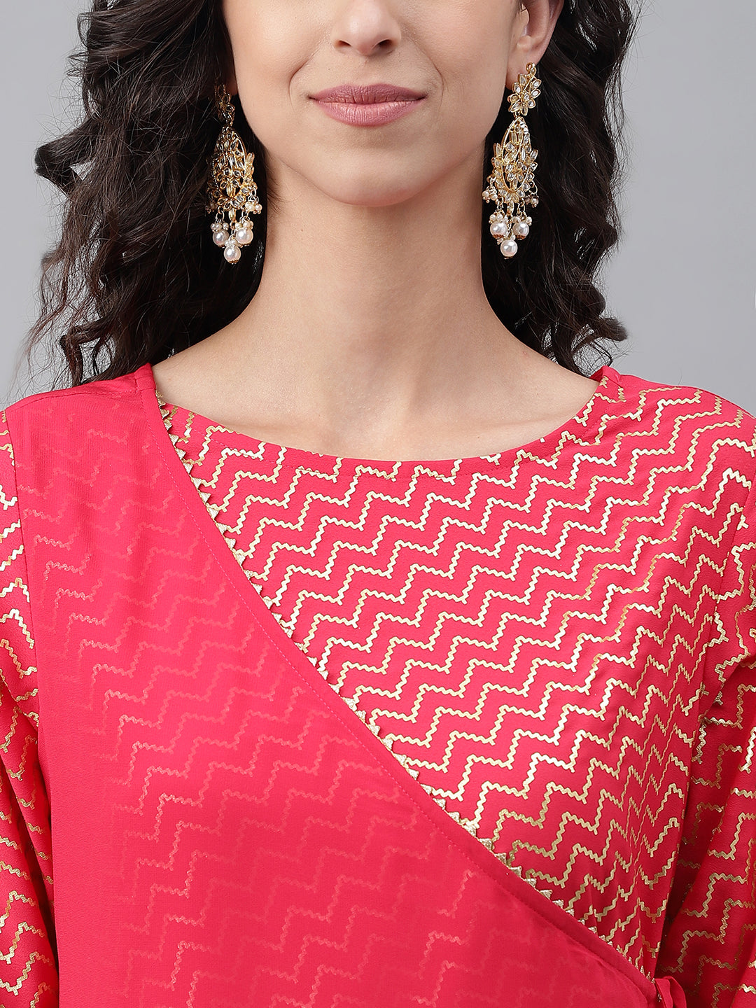 Janasya Women's Pink Crepe Foil Printed Festive Angrakha Kurta