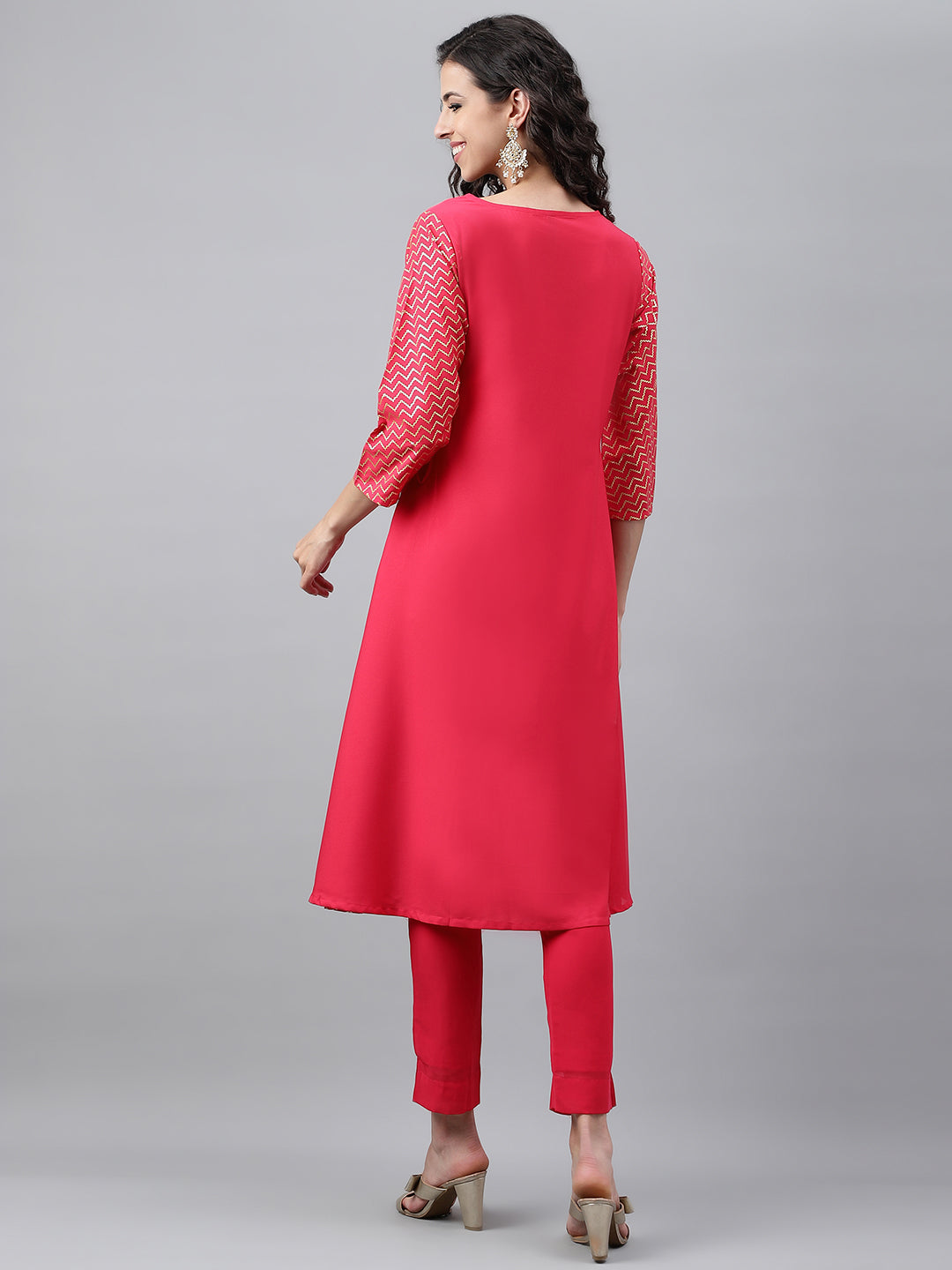 Janasya Women's Pink Crepe Foil Printed Festive Angrakha Kurta