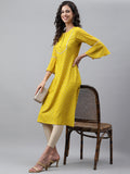 Janasya Women's Yellow Crepe Foil Printed Festive Straight Kurta