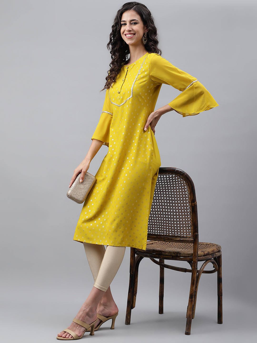 Janasya Women's Yellow Crepe Foil Printed Festive Straight Kurta