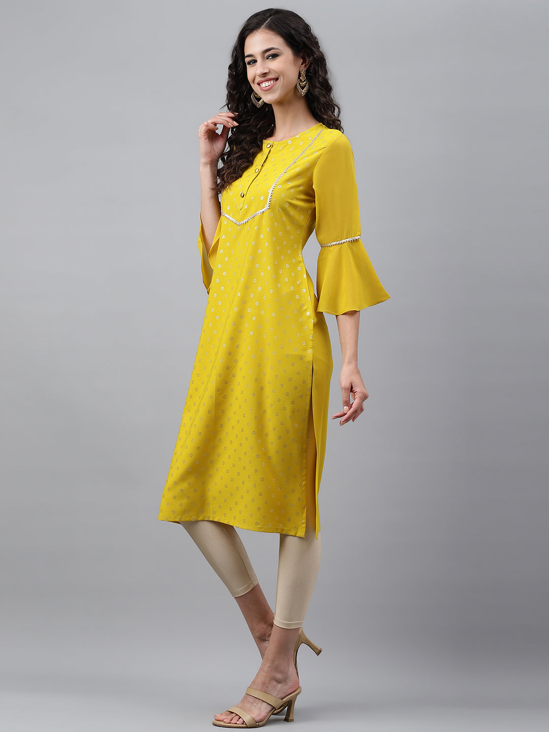 Janasya Women's Yellow Crepe Foil Printed Festive Straight Kurta