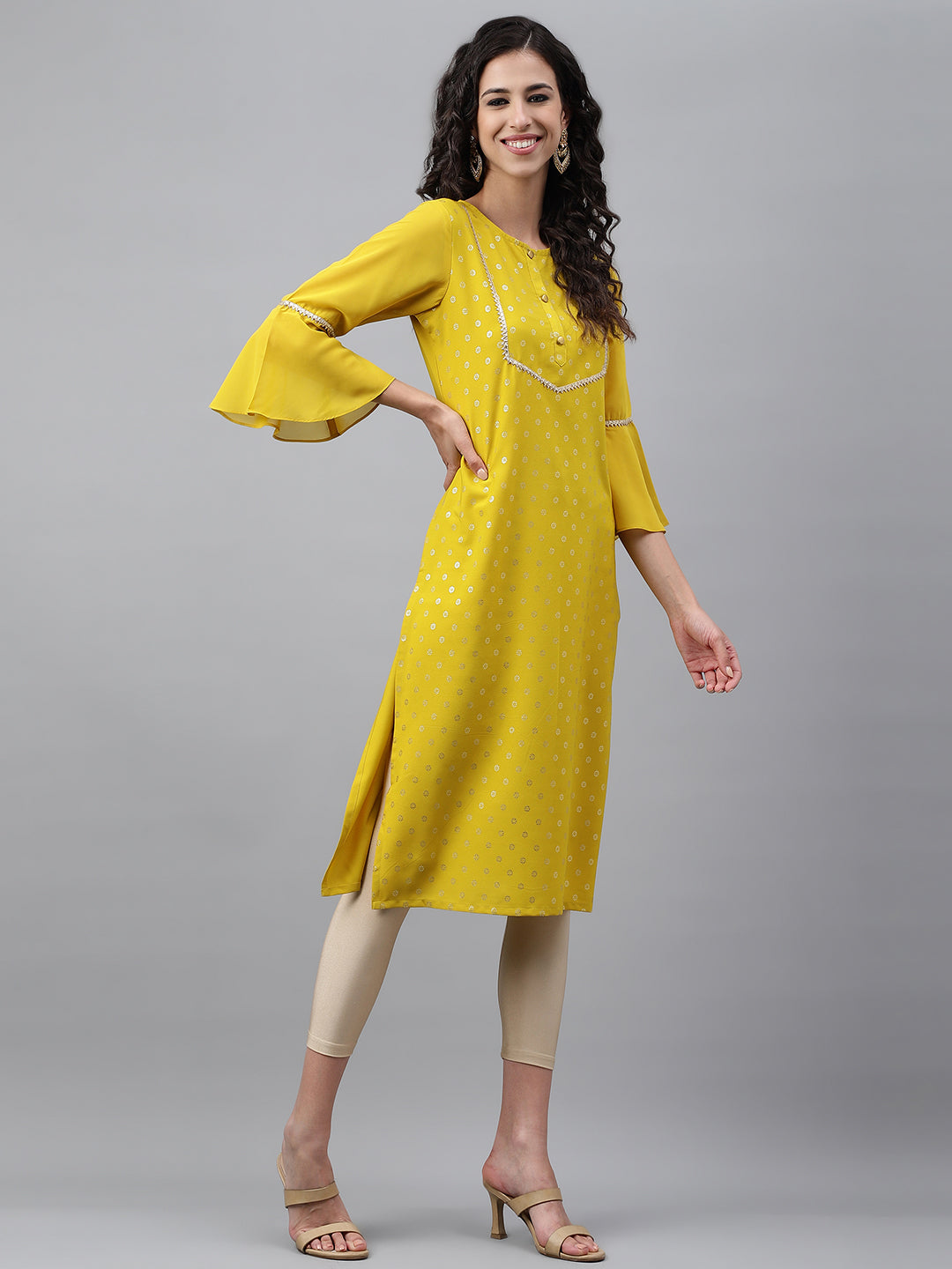 Janasya Women's Yellow Crepe Foil Printed Festive Straight Kurta