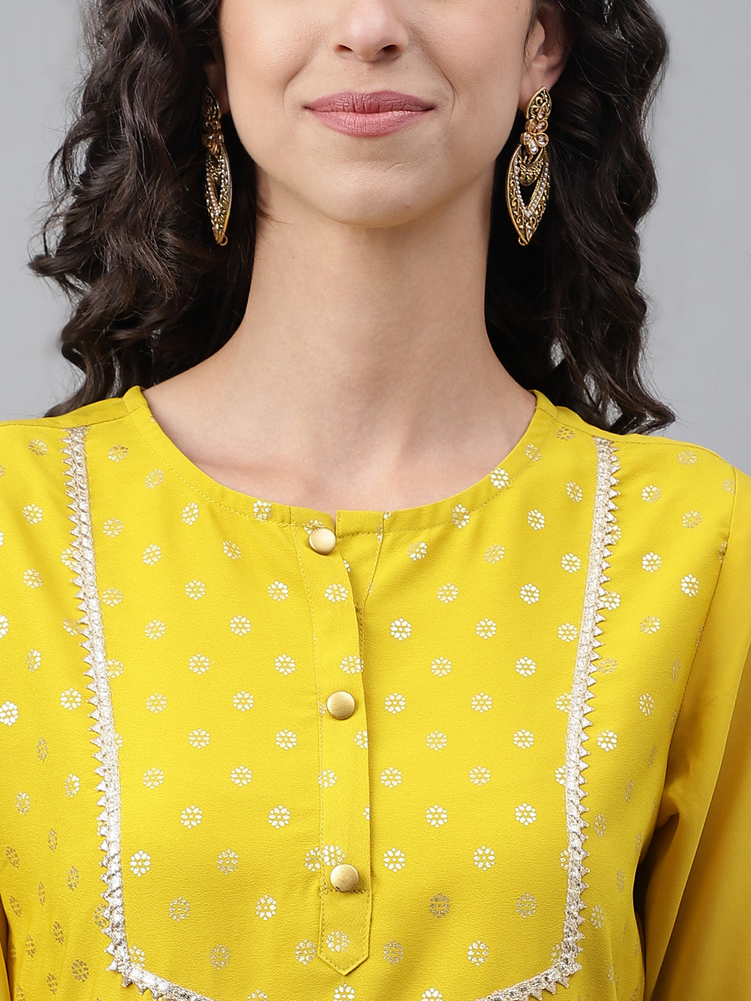 Janasya Women's Yellow Crepe Foil Printed Festive Straight Kurta