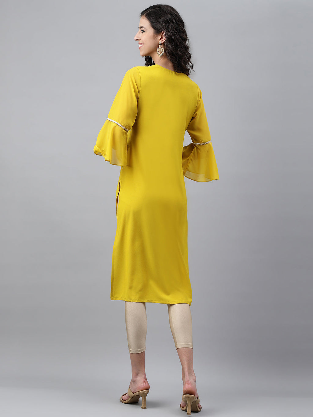Janasya Women's Yellow Crepe Foil Printed Festive Straight Kurta