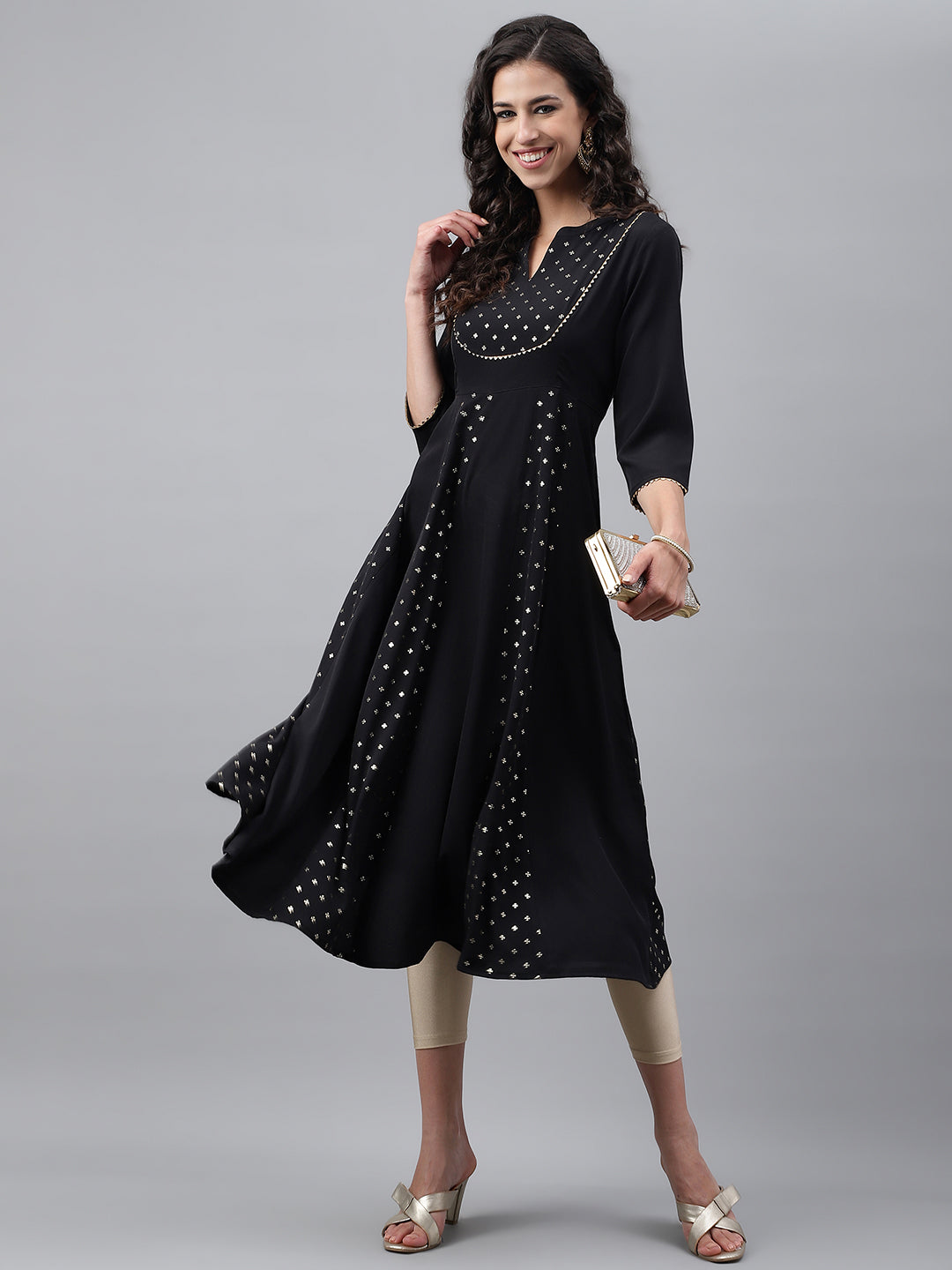 Janasya Women's Black Crepe Foil Printed Festive Anarkali Kurta