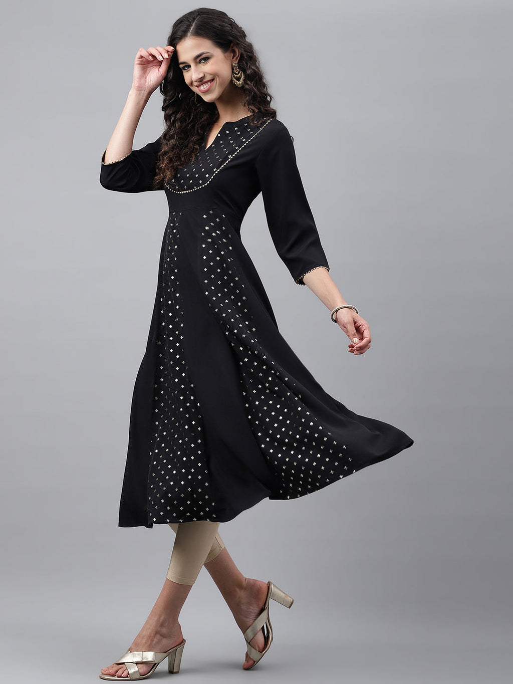 Janasya Women's Black Crepe Foil Printed Festive Anarkali Kurta
