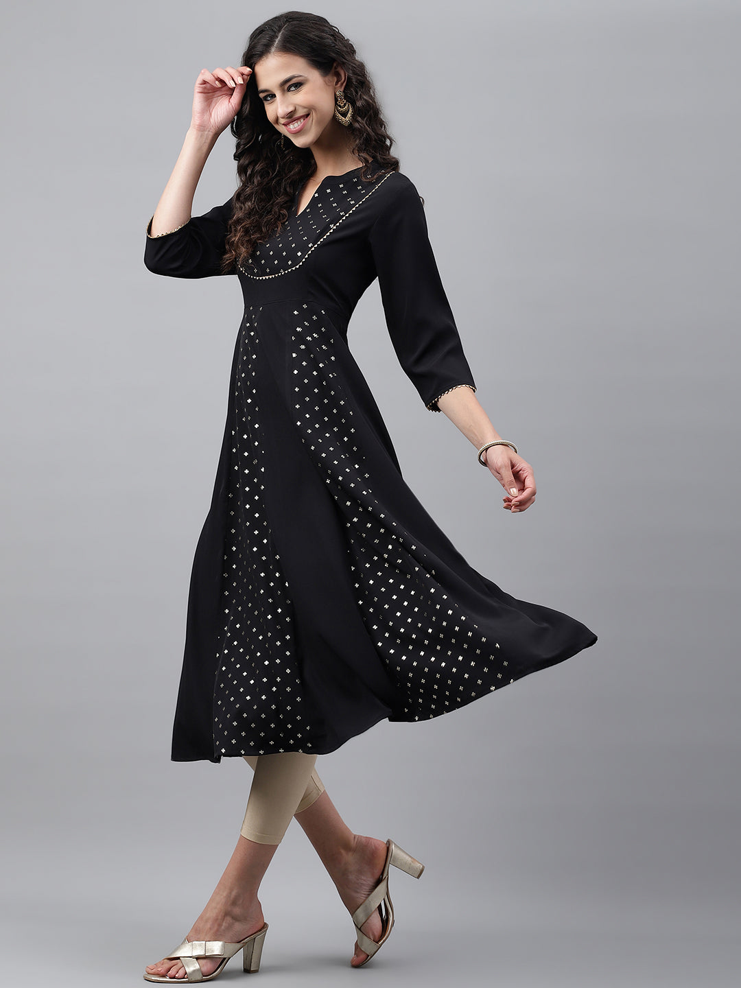 Janasya Women's Black Crepe Foil Printed Festive Anarkali Kurta