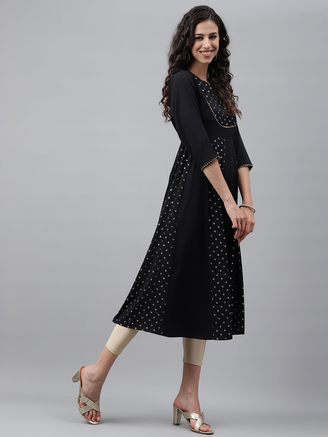 Janasya Women's Black Crepe Foil Printed Festive Anarkali Kurta