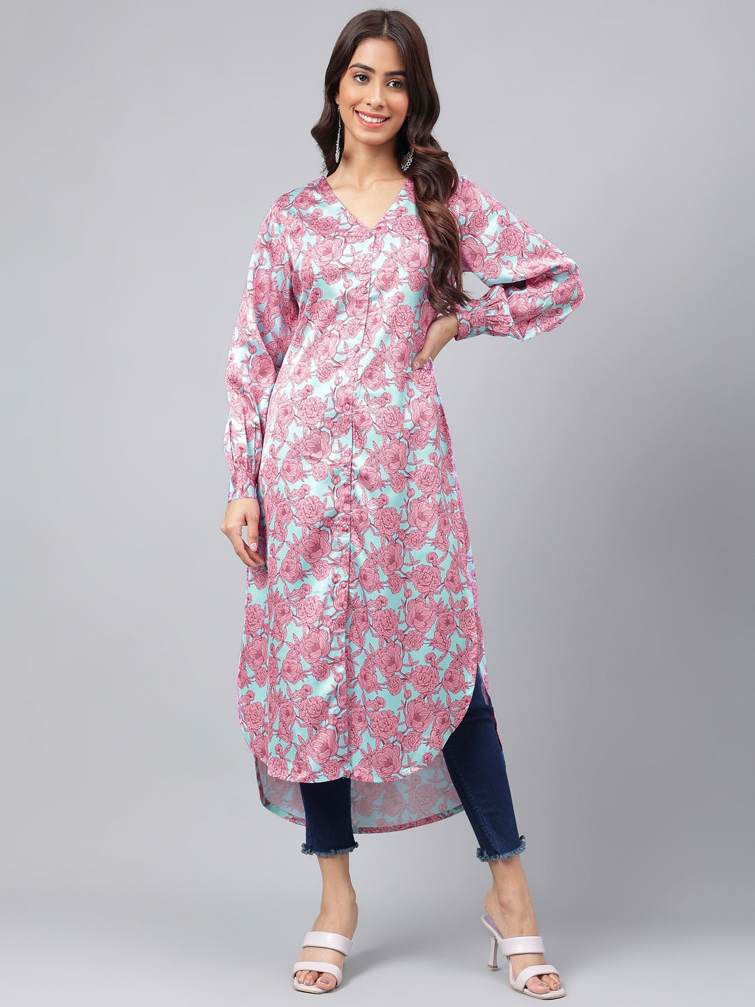 Janasya Women's Sea Green Satin Digital Floral Printed Casual Gathered Kurta