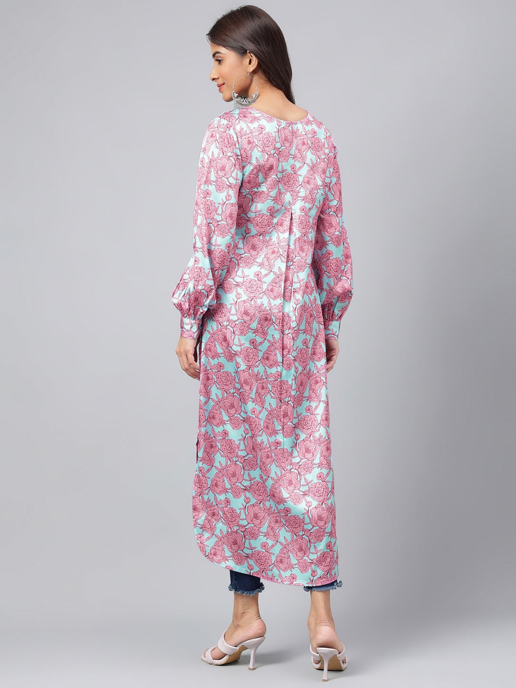 Janasya Women's Sea Green Satin Digital Floral Printed Casual Gathered Kurta