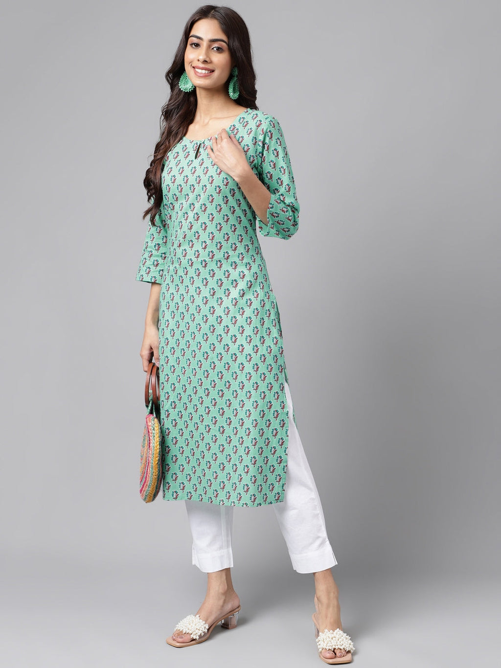 Janasya Women's Light Blue Cotton Ethnic Motifs Casual Straight Kurta