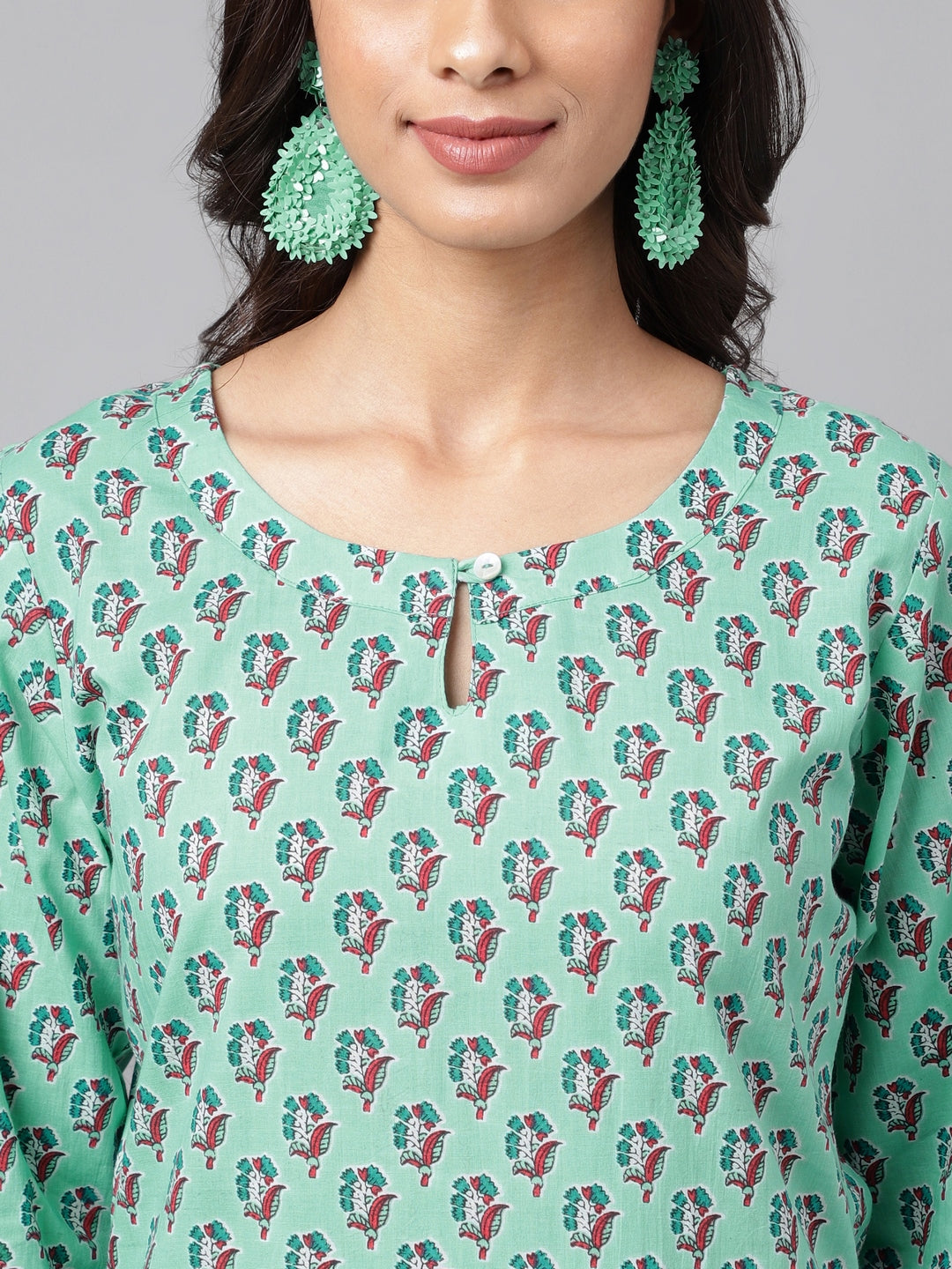 Janasya Women's Light Blue Cotton Ethnic Motifs Casual Straight Kurta
