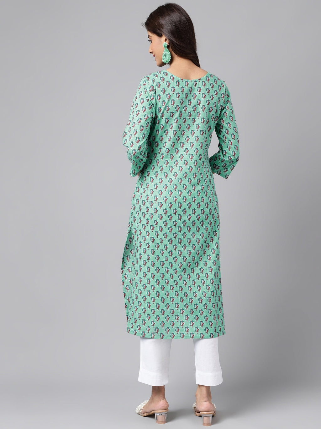 Janasya Women's Light Blue Cotton Ethnic Motifs Casual Straight Kurta