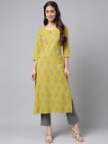 Janasya Women's Green Cotton Floral Printed Casual Straight Kurta