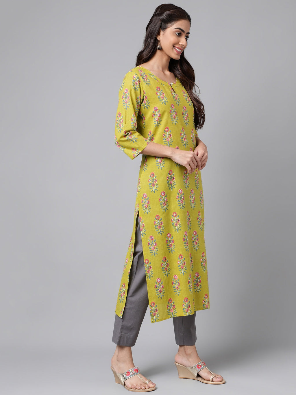 Janasya Women's Green Cotton Floral Printed Casual Straight Kurta