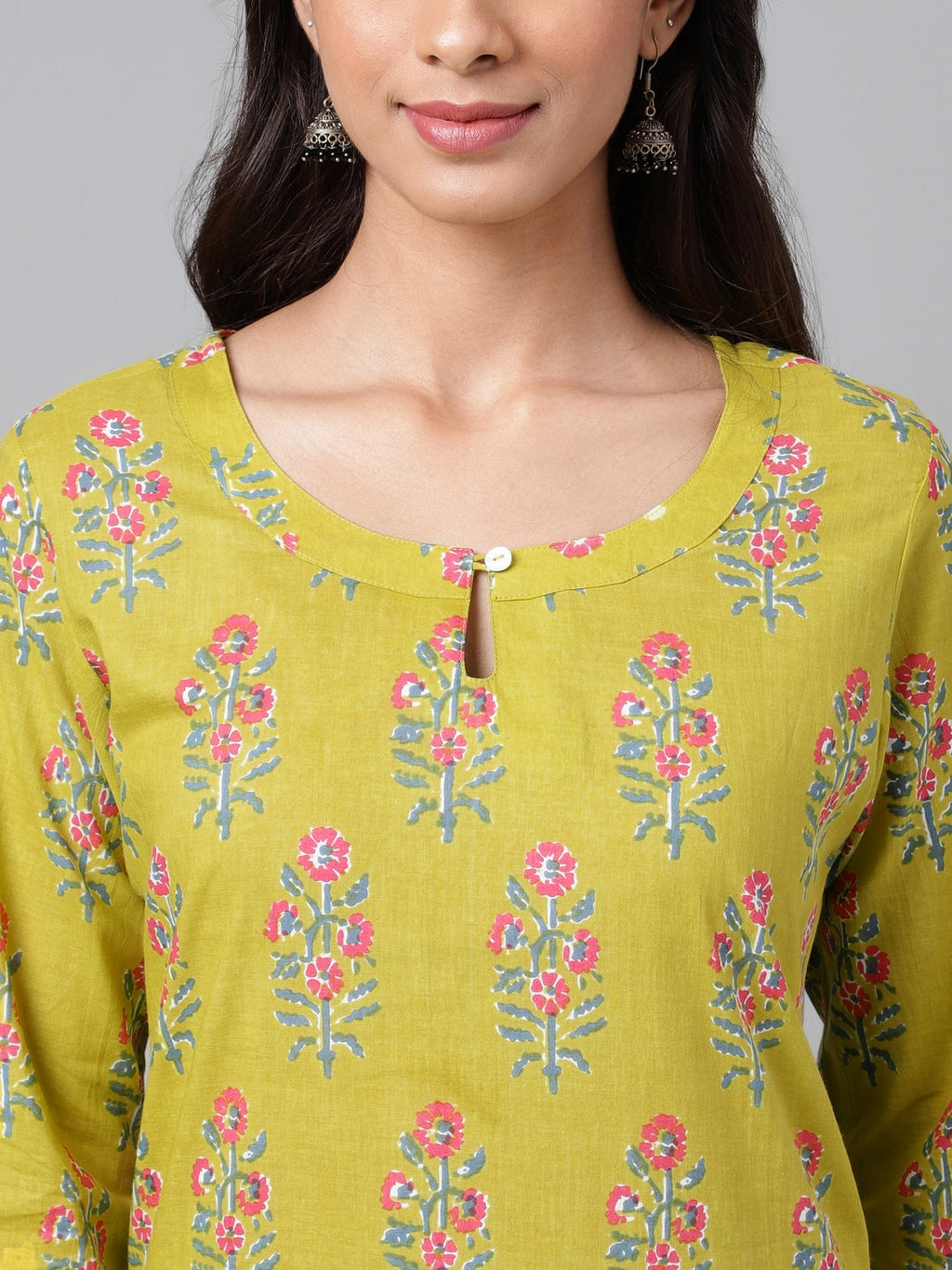 Janasya Women's Green Cotton Floral Printed Casual Straight Kurta