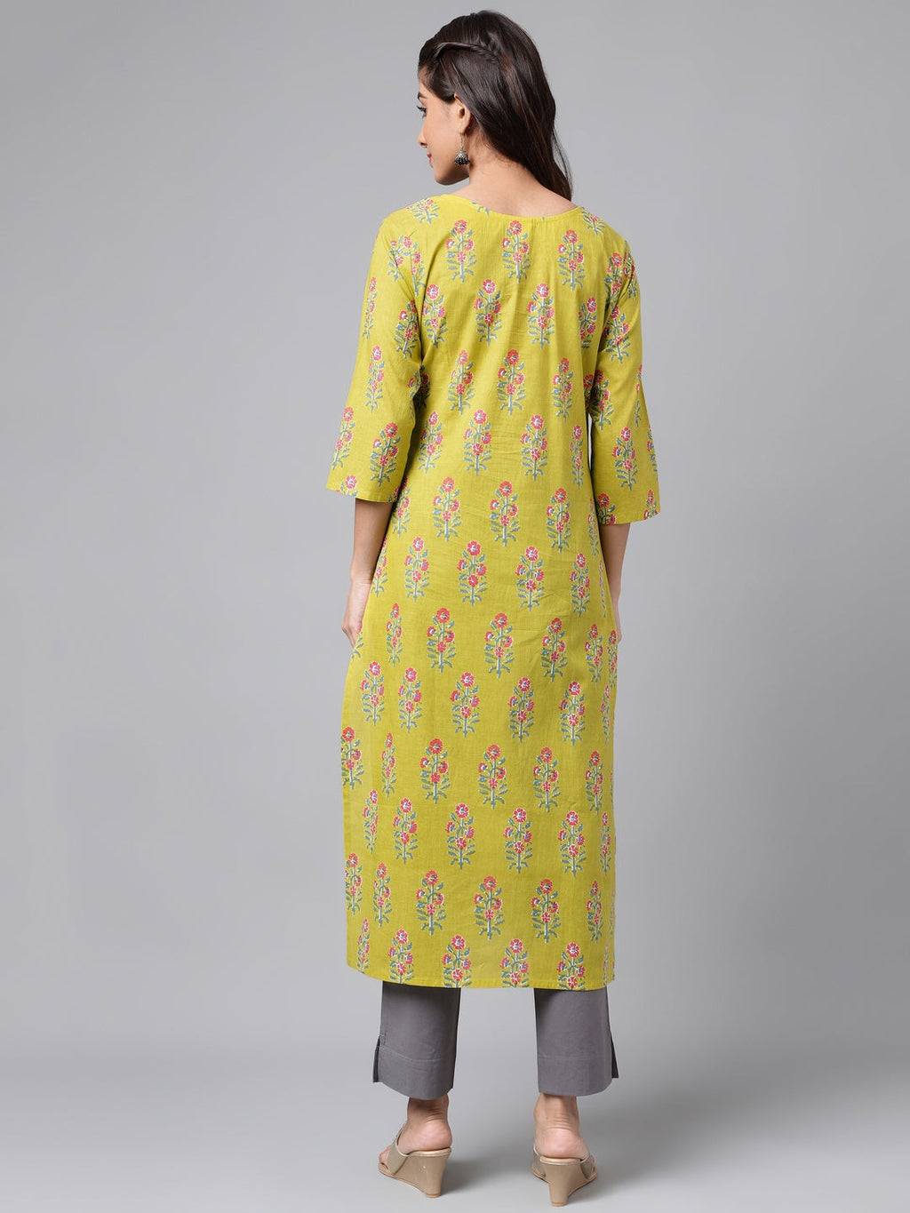 Janasya Women's Green Cotton Floral Printed Casual Straight Kurta