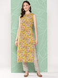 Janasya Women's Yellow Cotton Floral Printed Casual Straight Kurta