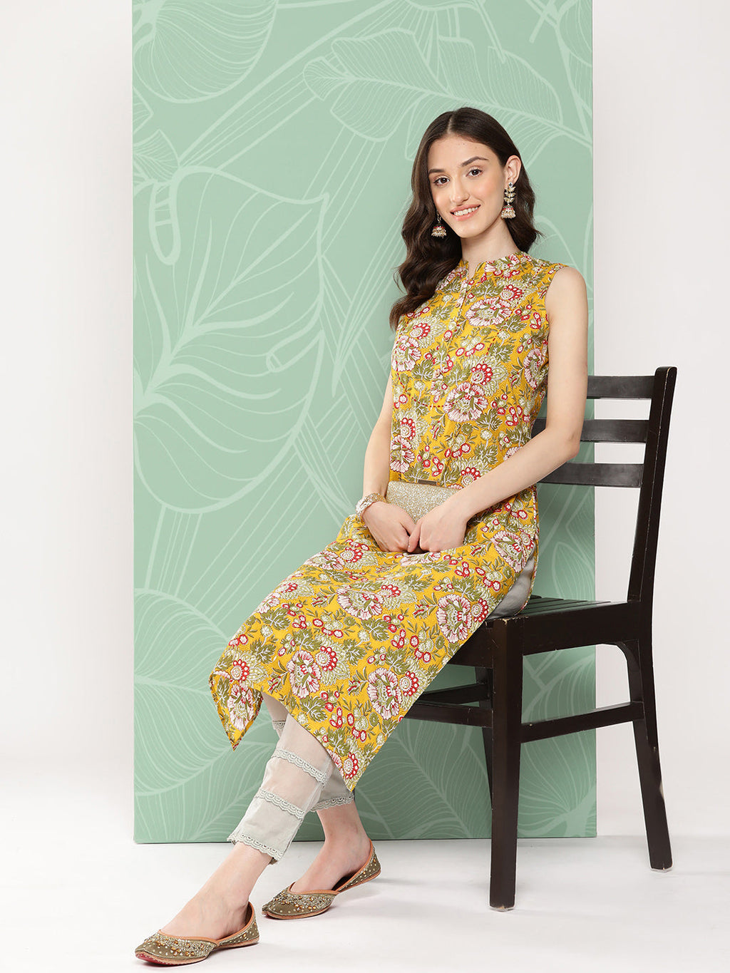 Janasya Women's Yellow Cotton Floral Printed Casual Straight Kurta