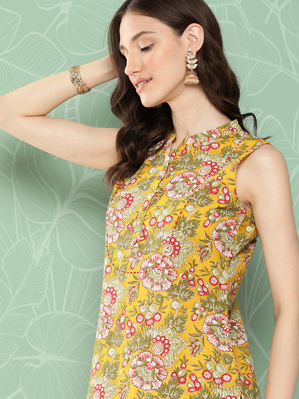 Janasya Women's Yellow Cotton Floral Printed Casual Straight Kurta
