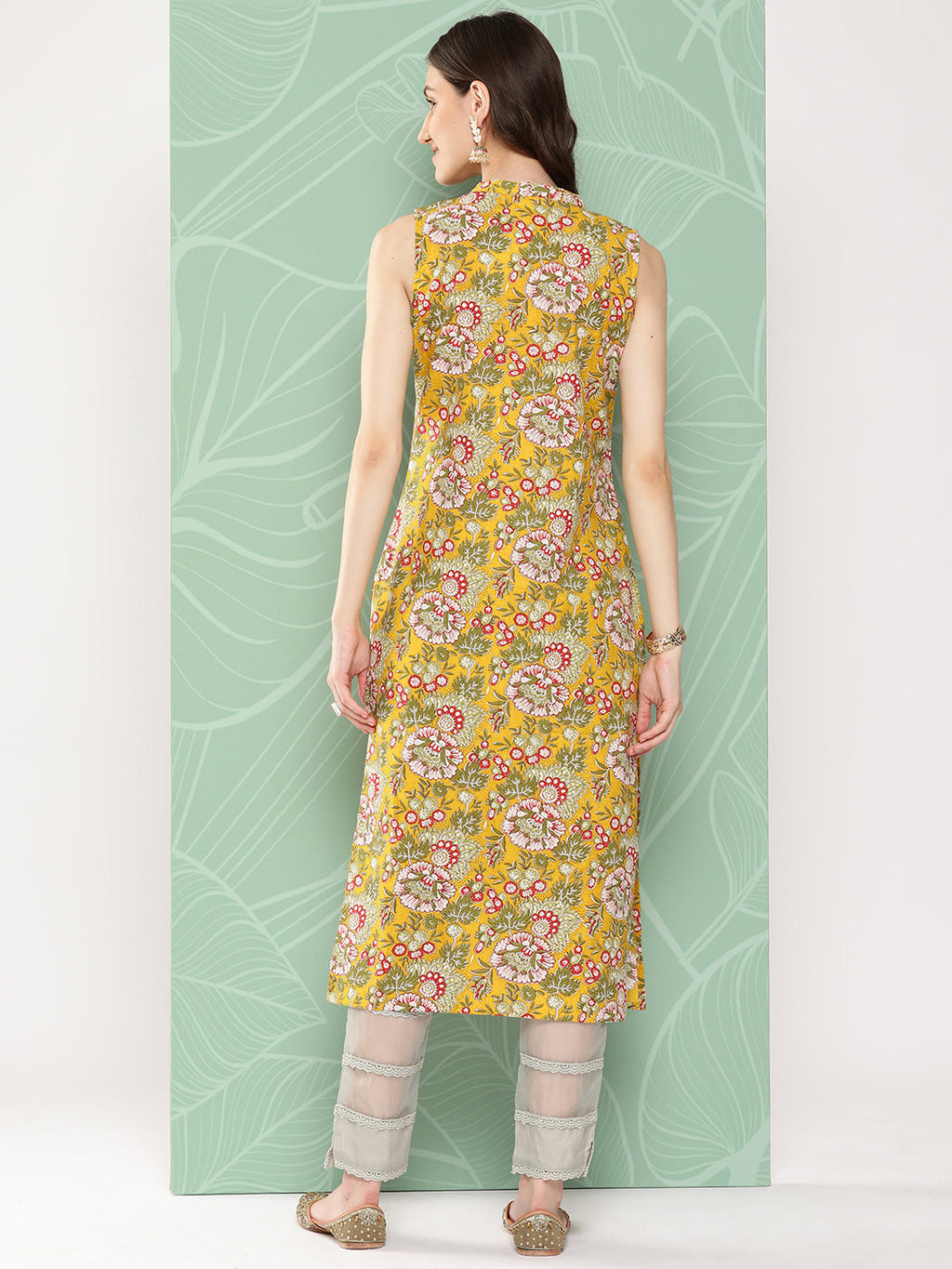 Janasya Women's Yellow Cotton Floral Printed Casual Straight Kurta