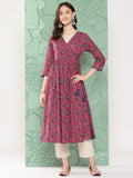 Janasya Women's Pink Cotton Floral Printed Casual Gathered Kurta