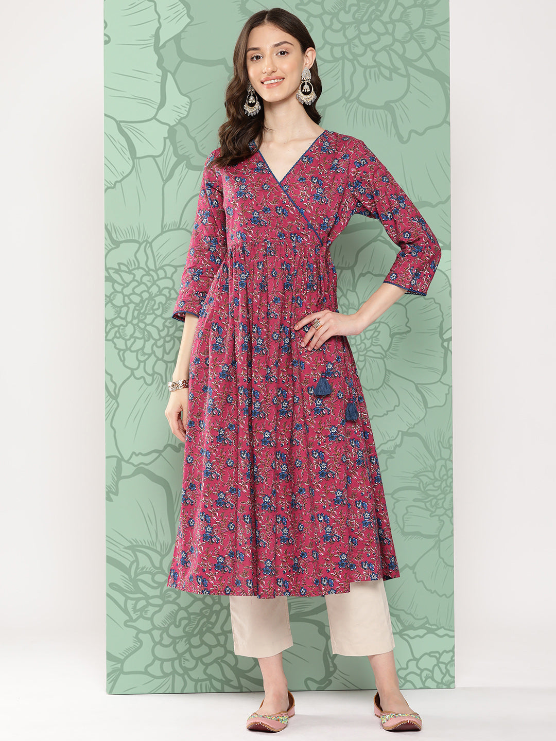 Janasya Women's Pink Cotton Floral Printed Casual Gathered Kurta