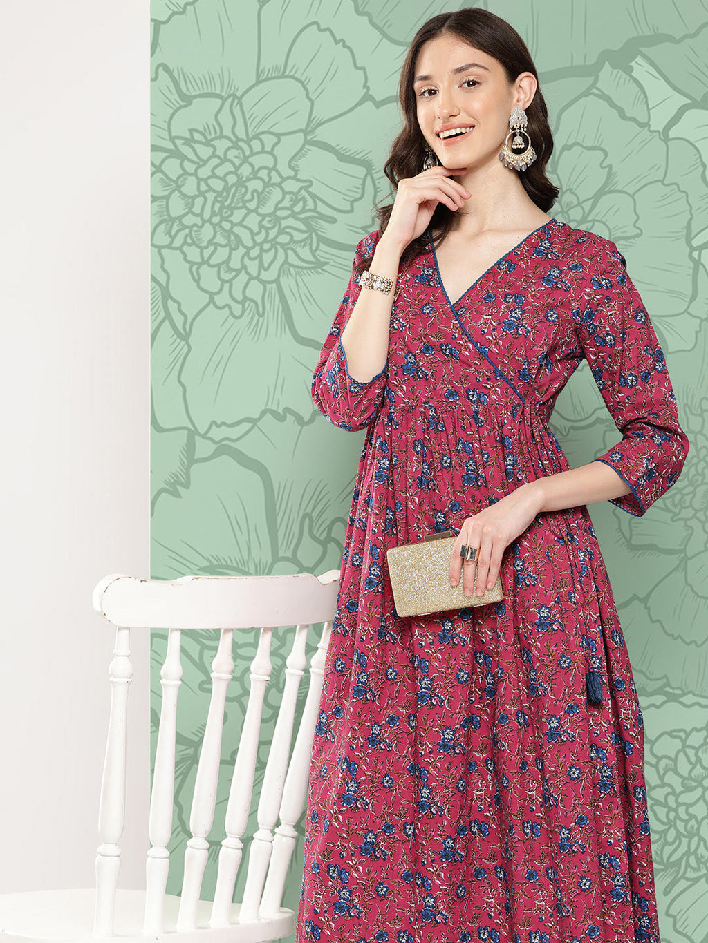 Janasya Women's Pink Cotton Floral Printed Casual Gathered Kurta