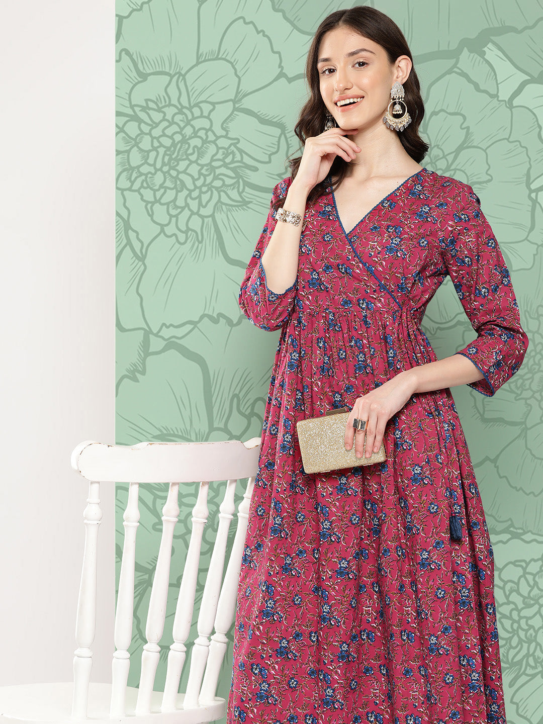 Janasya Women's Pink Cotton Floral Printed Casual Gathered Kurta