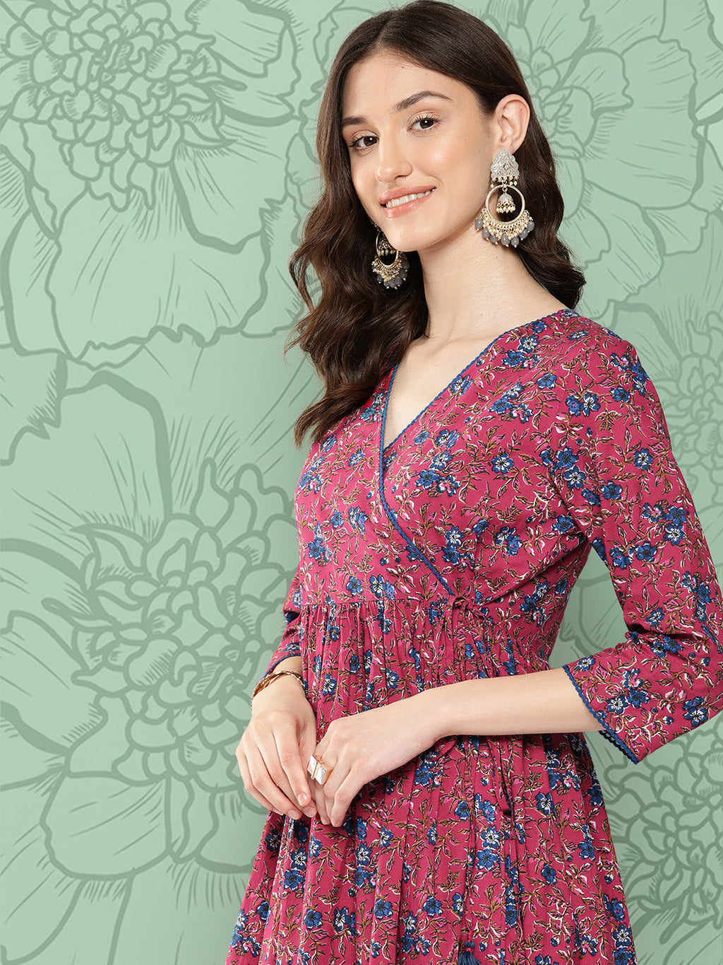 Janasya Women's Pink Cotton Floral Printed Casual Gathered Kurta