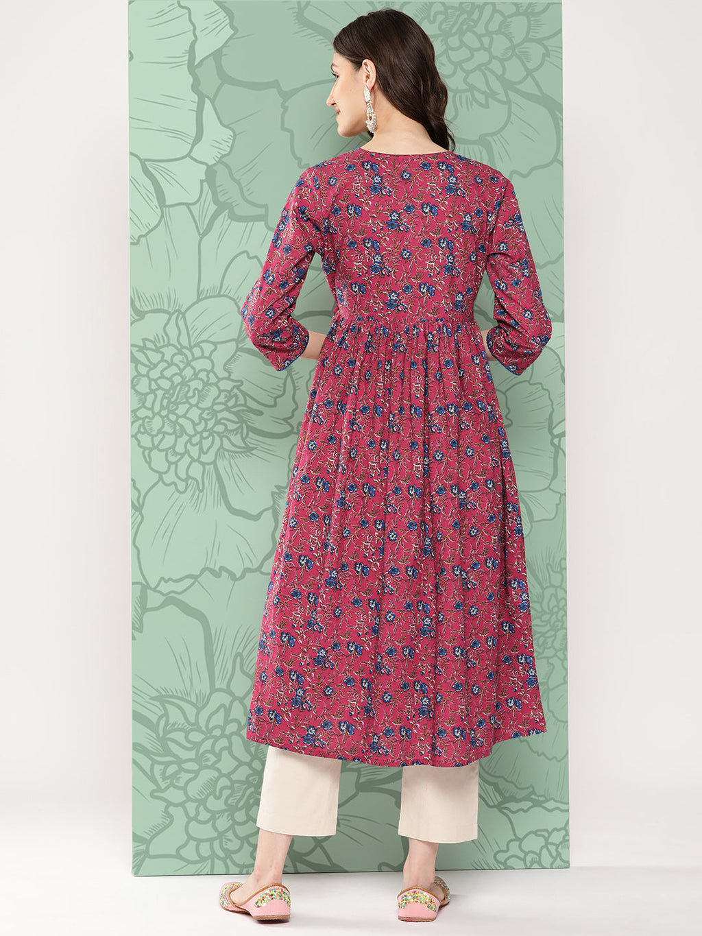 Janasya Women's Pink Cotton Floral Printed Casual Gathered Kurta