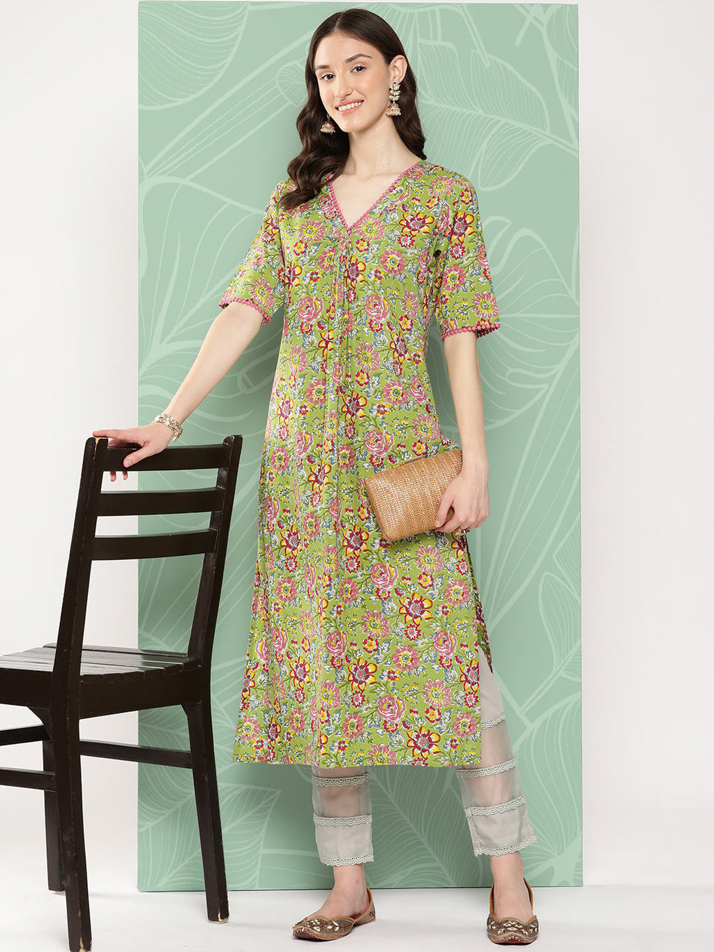 Janasya Women's Green Cotton Floral Printed Casual Straight Kurta