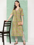 Janasya Women's Green Cotton Floral Printed Casual Straight Kurta