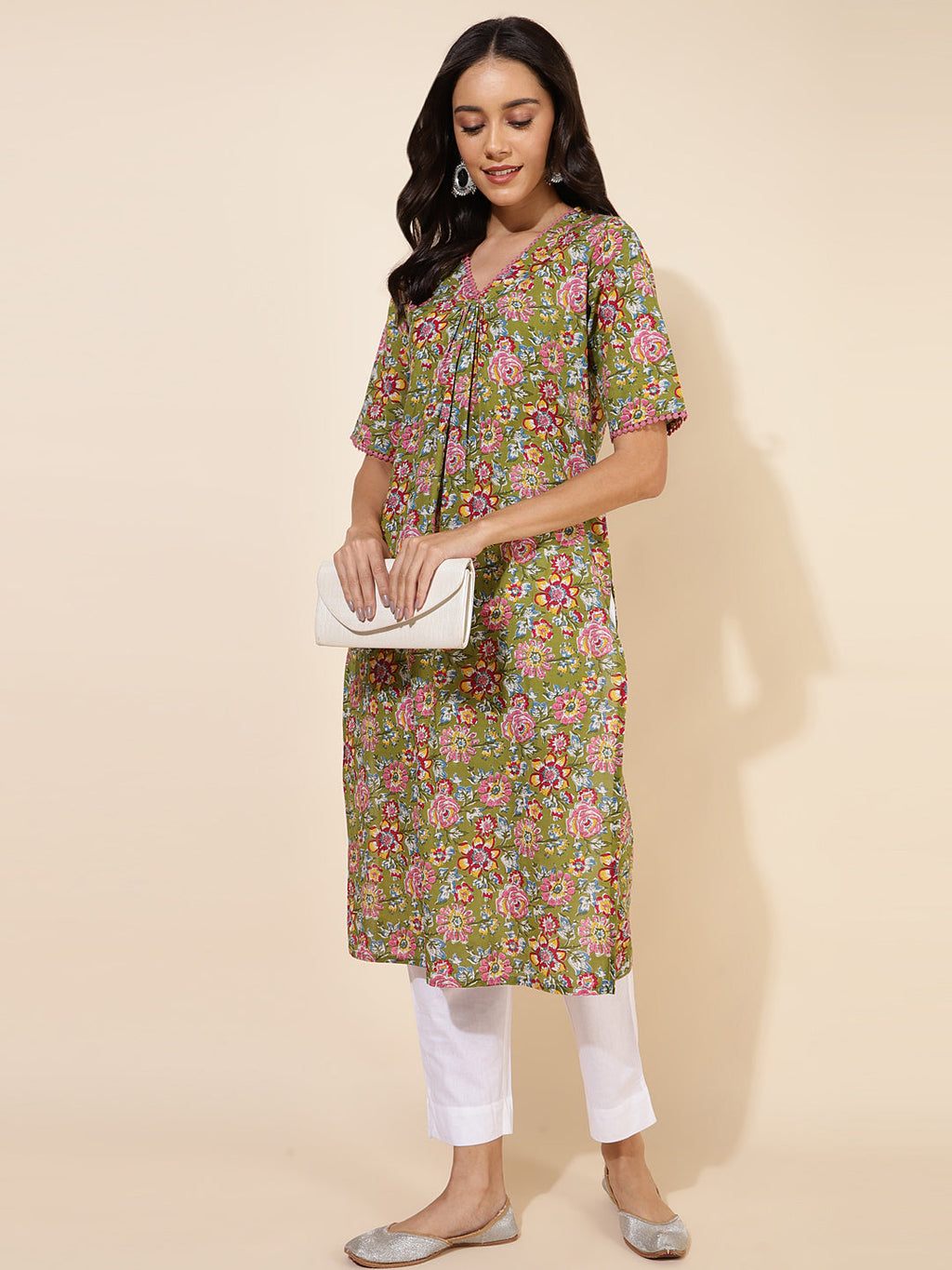 Janasya Green Cotton Floral Printed Casual Kurta