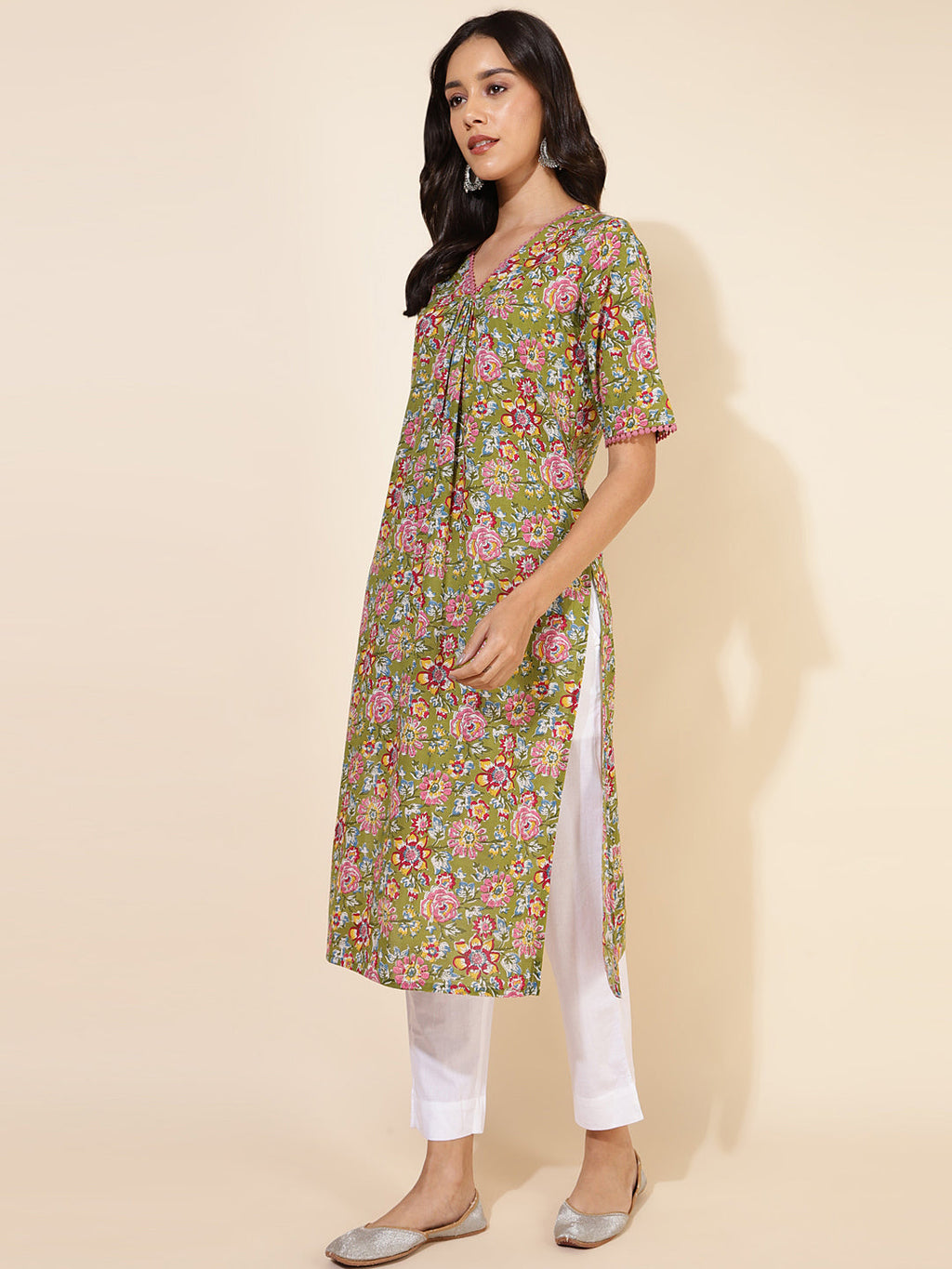 Janasya Green Cotton Floral Printed Casual Kurta