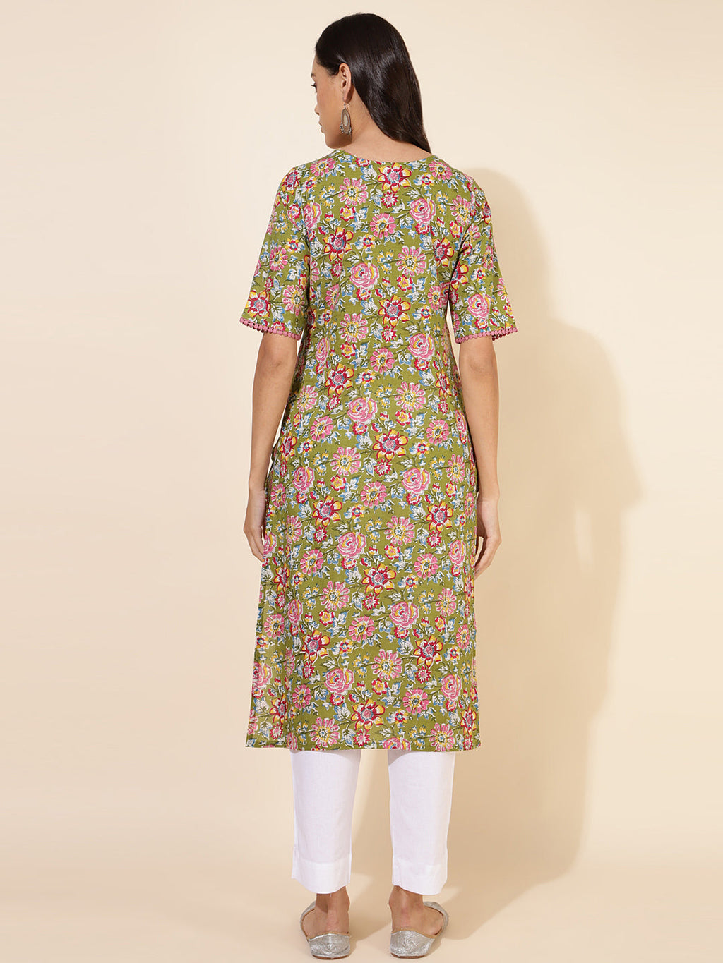 Janasya Green Cotton Floral Printed Casual Kurta