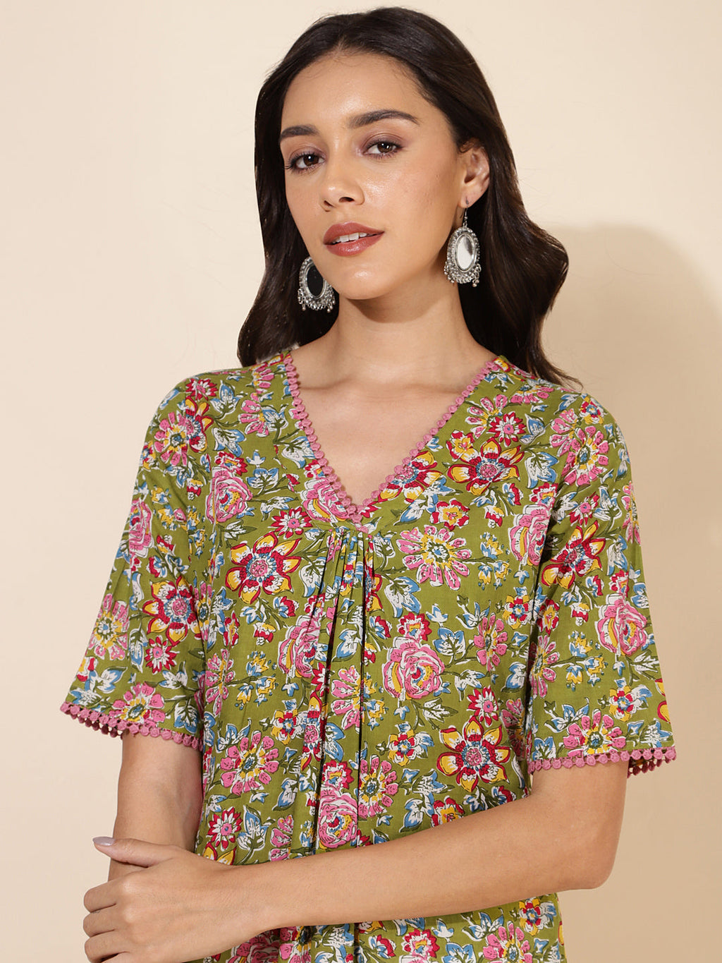 Janasya Green Cotton Floral Printed Casual Kurta