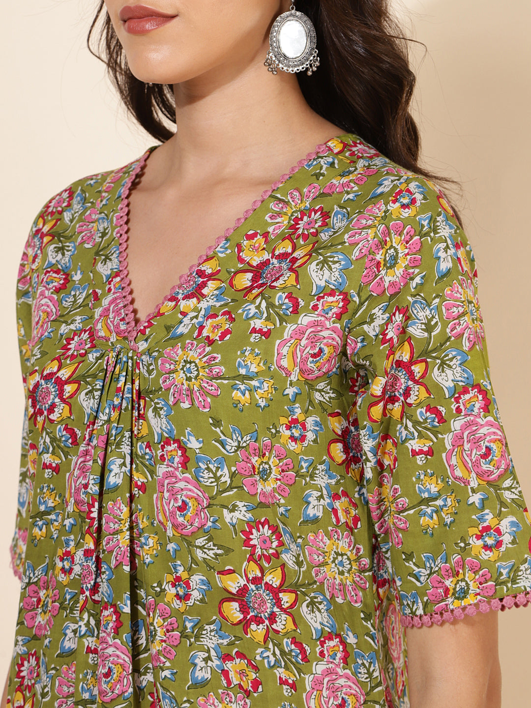 Janasya Green Cotton Floral Printed Casual Kurta